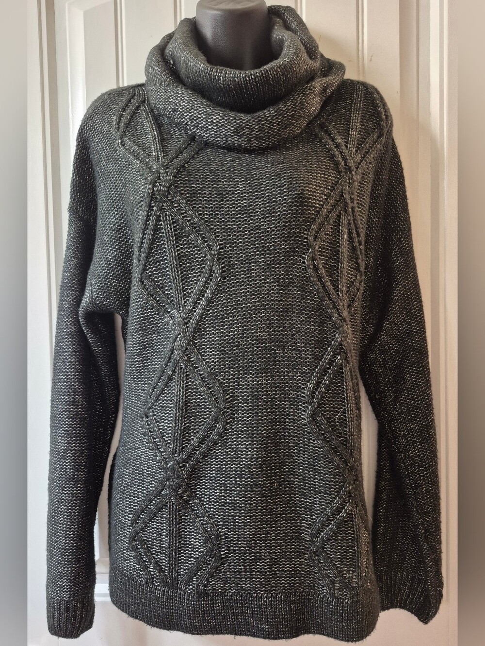 Womens Black Glitter Cable Knit Cowl Neck Sweater Size XL